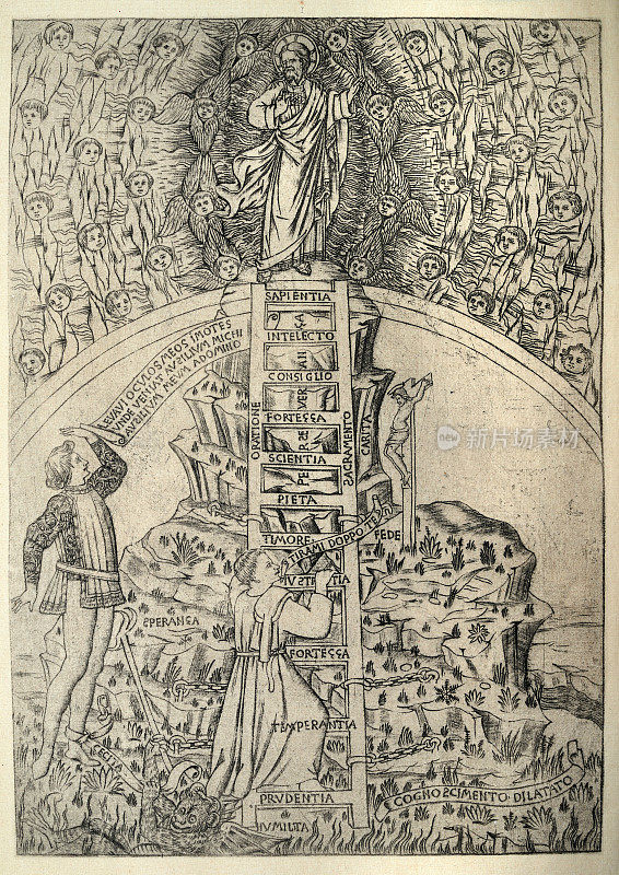 巴尔迪尼(Baccio Baldini)的《圣山》(The Holy Mountain)，和尚爬上通往天堂耶稣的梯子，意大利艺术，15世纪